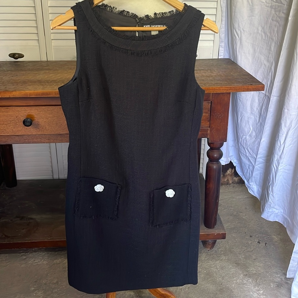 Karl Lagerfeld Paris Black Sleeveless Dress with Floral Buttons